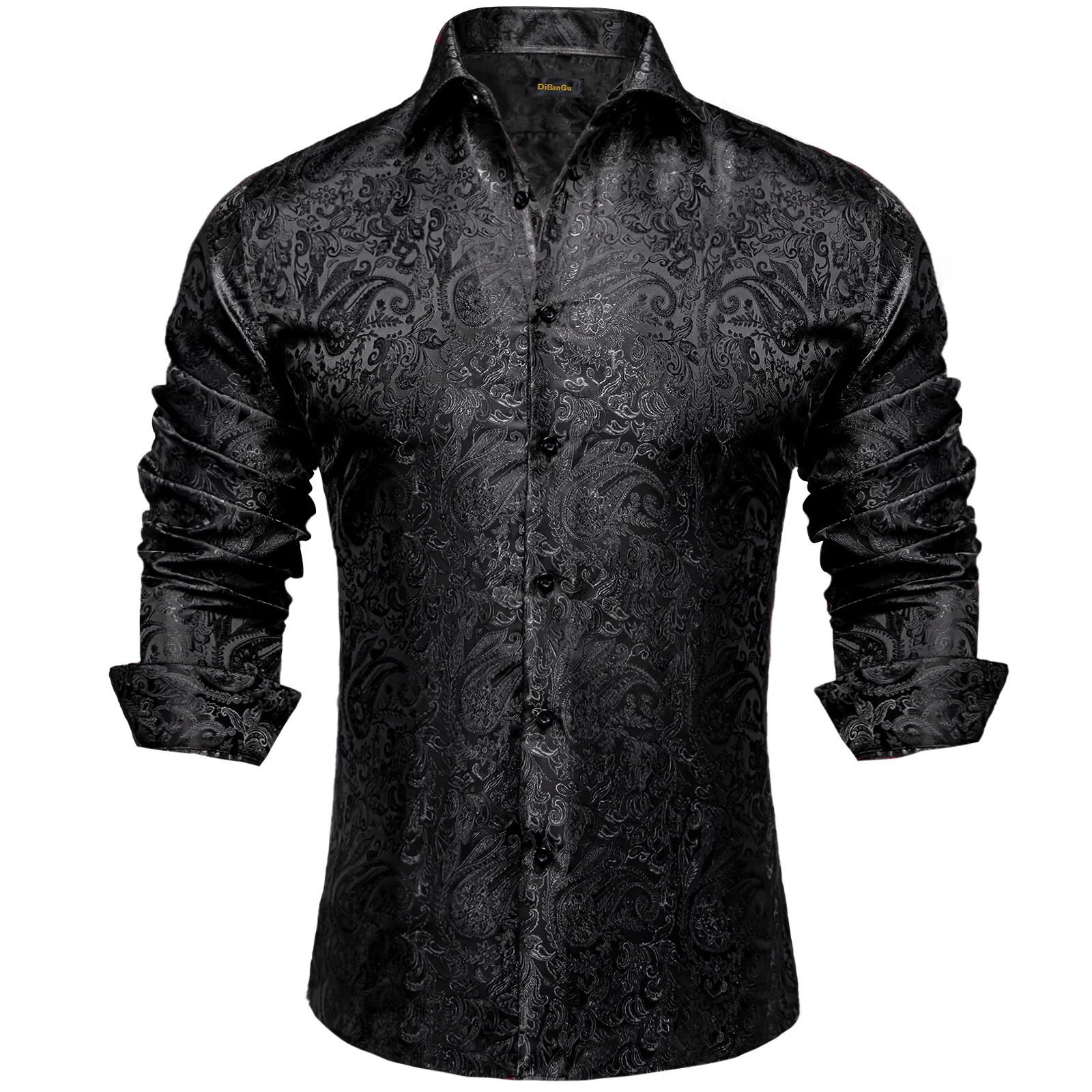 Men's Casual Shirts Men's Long Sleeve Black Paisley Silk Dress Shirts Casual Tuxedo Social Shirt Men Clothing 231128