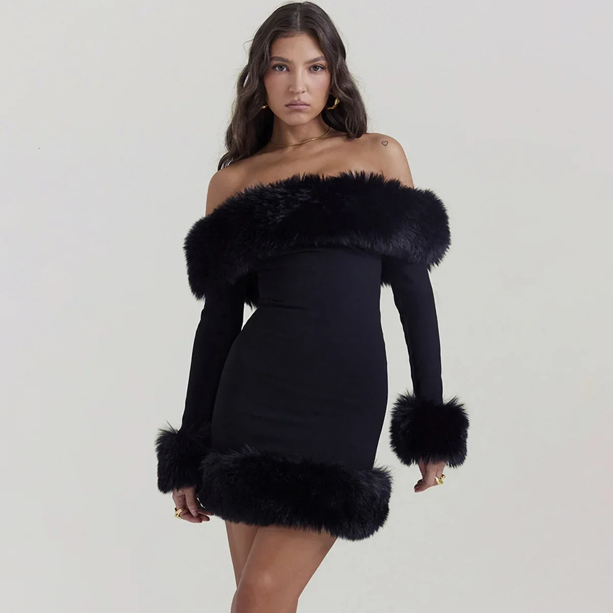Basic Casual Dresses Elegant Party for Women 2023 Fur Off The Shoulder Formal Occasion Black Mini in Winter Clothing 231129