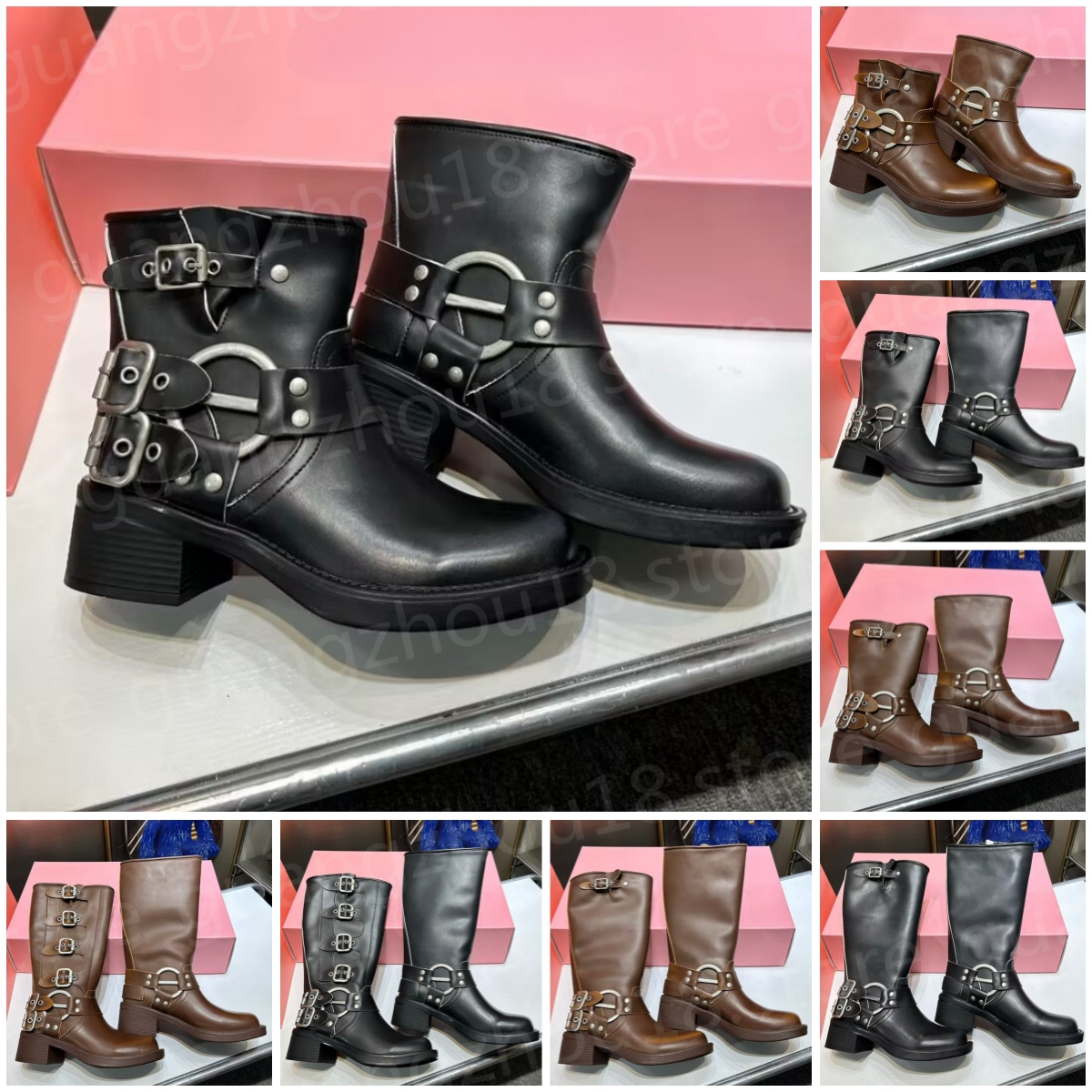 (go off picture not the description) Designer Short High Boots with Metal Buckle Vintage Style Winter Thick Heeled Knight Boots 25445