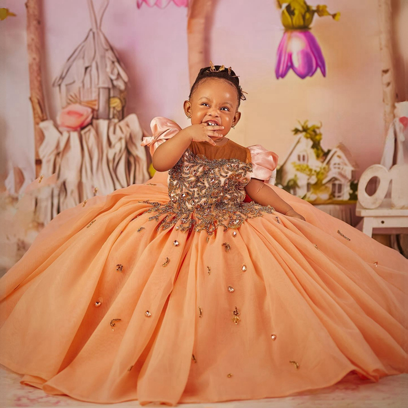Luxurious Gold Flower Girl Dresses Little Girls Ball Gown Rehinestones Crystals Organza Tiered Short Sleeves First Birthday Party Dress African Gowns 