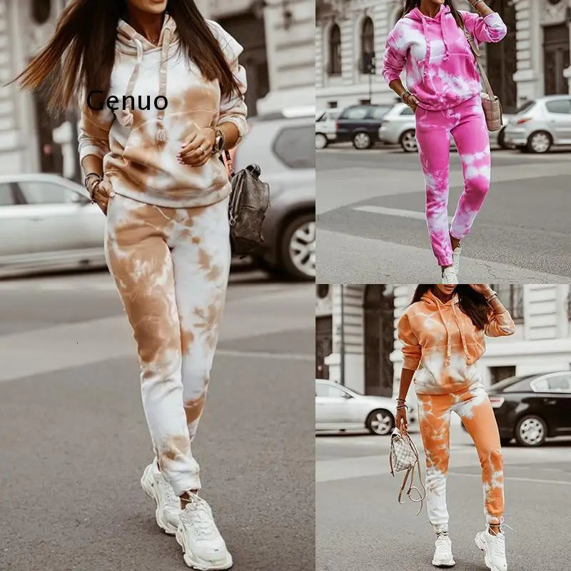 Womens Two Piece Pants 2piece marble tie dye sportswear and hooded sweatpants zippered jogger casual set 231129