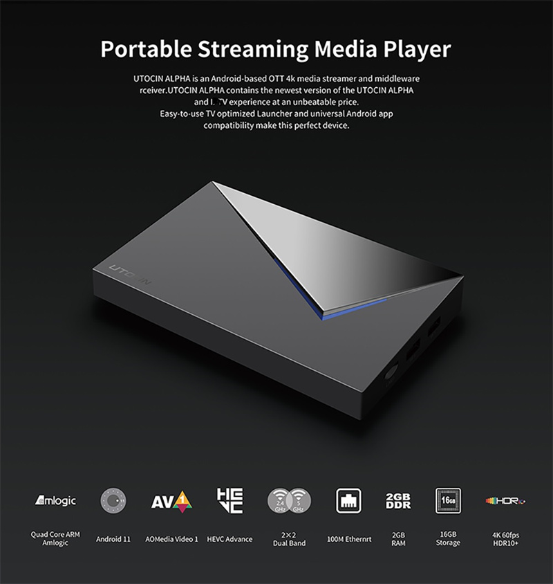 UTOCIN Alpha Android 11.0 TV Box Amlogic S905W2 2GB 16GB 2.4G 5G WiFi BT 4k AV1 Set Top Box Media Steamer Box VS XTV Box