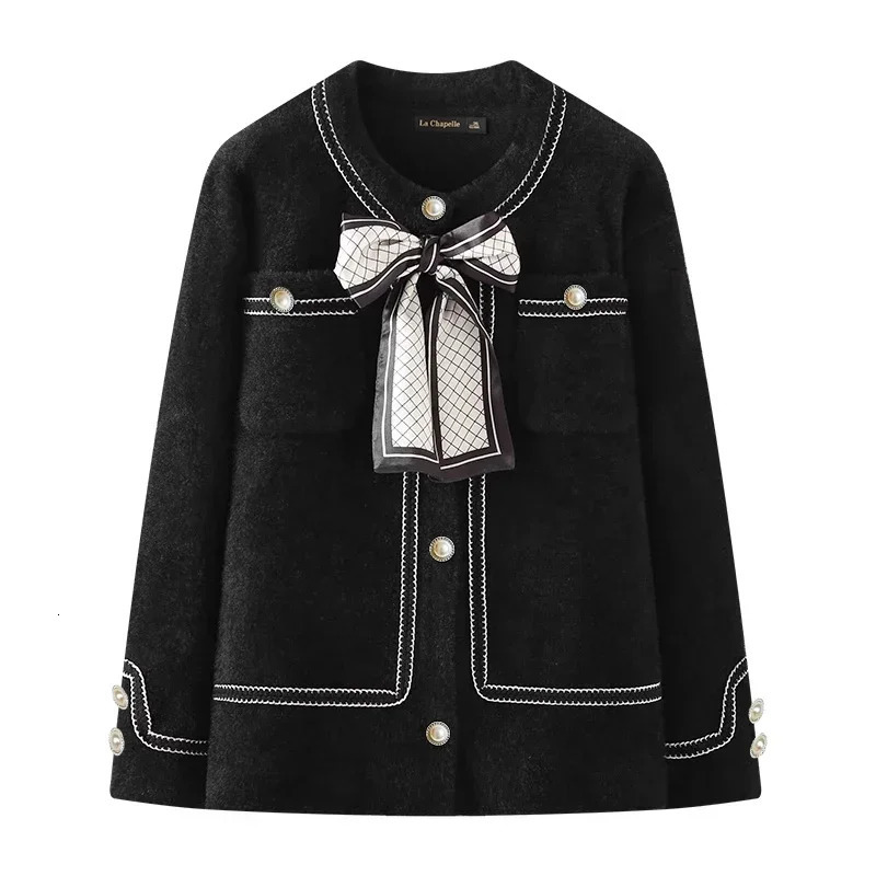 Womens Jackets Solf Mink Plush Sweater Cardigan Korean Elegant Bow Pockets Black Knitted Mujer Fall Winter Clothes Streetwear 231129