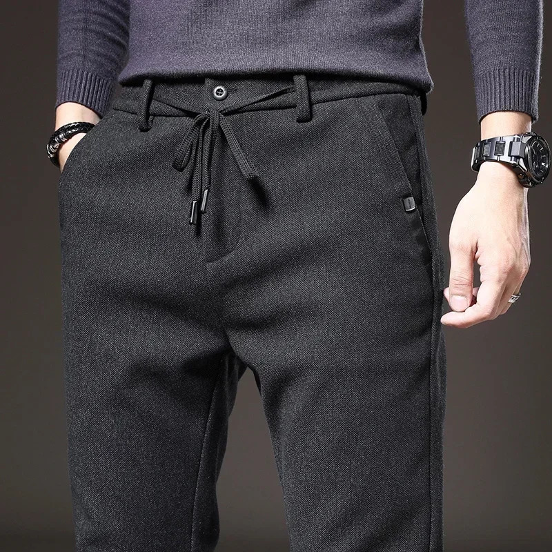 Men's Pants Autumn Winter Brushed Fabric Casual Pants Men Thick Business Work Slim Cotton Black Grey Trousers Male Size 38 231129