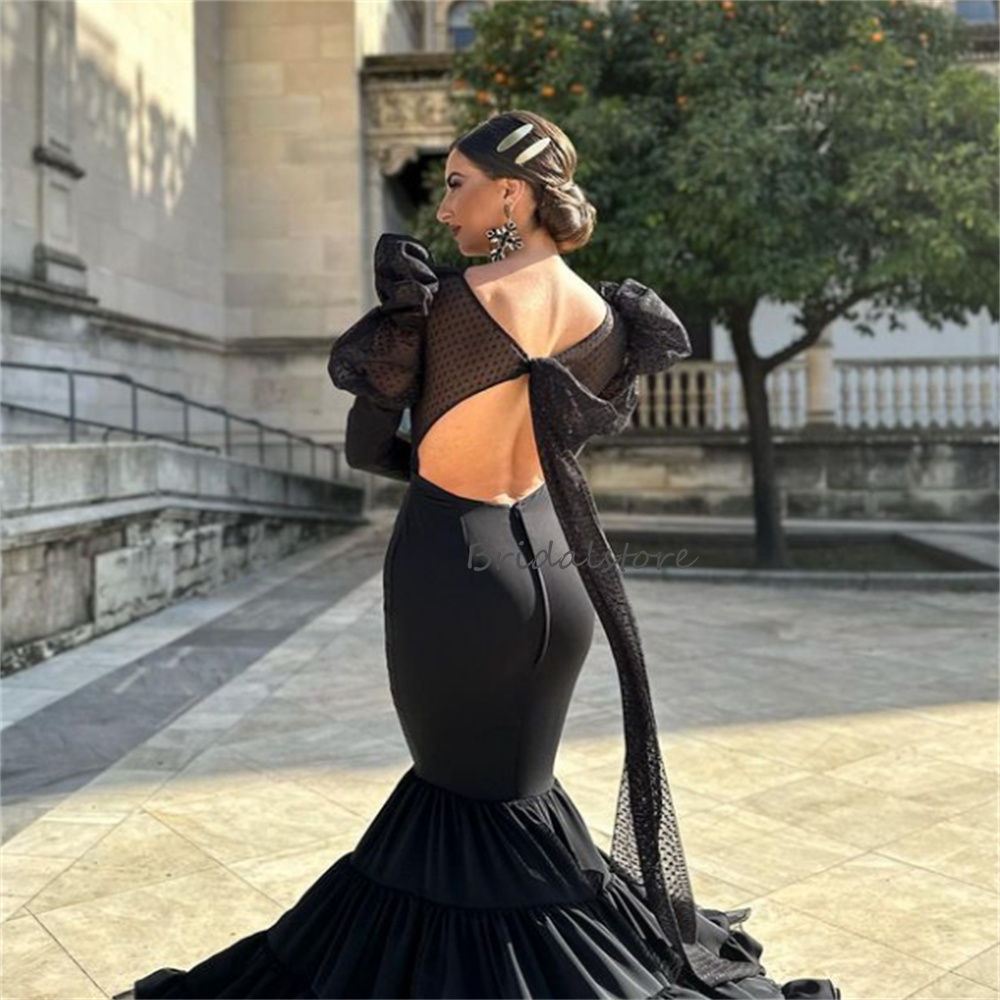 Spanish Black Flamenco Prom Dress With Polka Dot Tulle Sexy Backless Long Sleeve Dance Evening Gown Ruffles Costume Formal 2023 Robe De Mariee Vestido