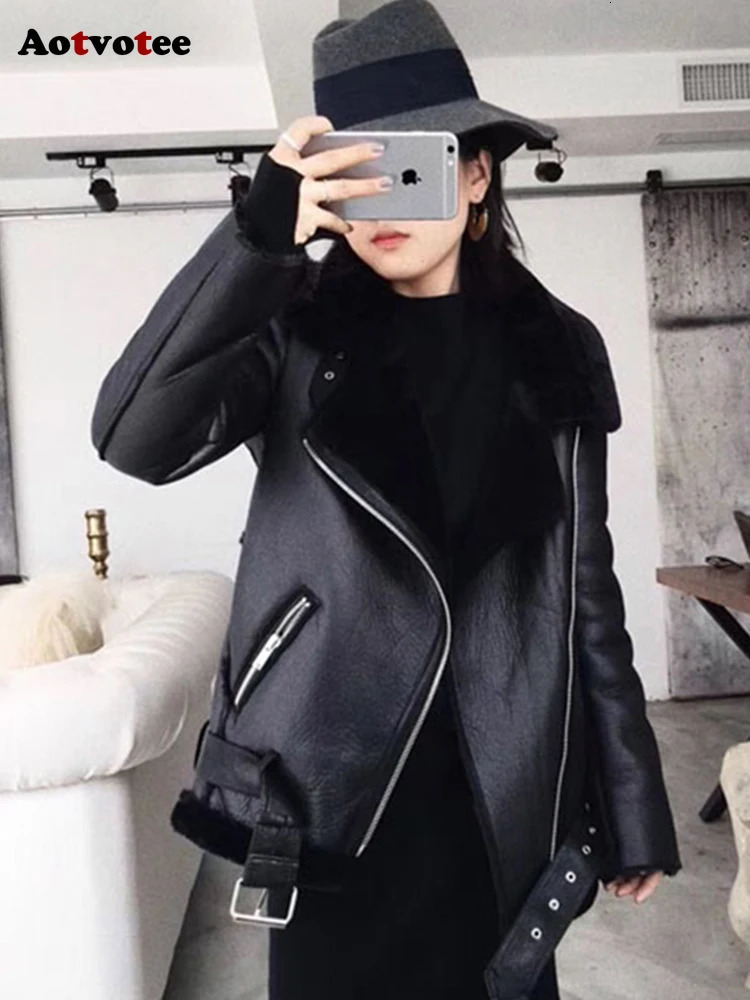 Womens Leather Faux Aotvotee Jackets Women Autumn Winter Fashion Turn Down Collar Zipper Jacket Thicken Warm Long Sleeve Chic 231129