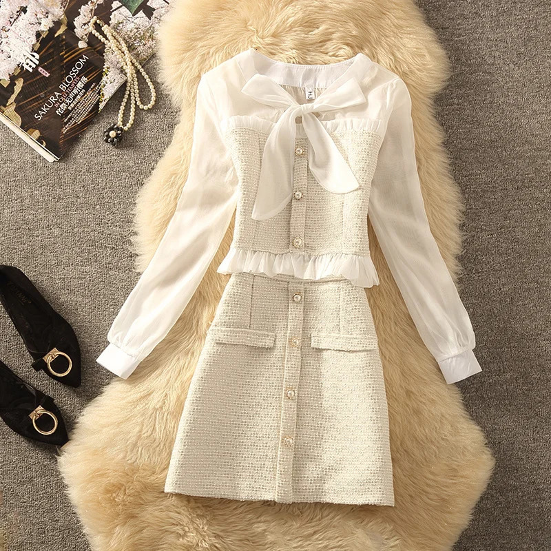 Two Piece Dress High Quality Autumn Elegant Fashion Small Fragrance 2 Piece Set Women Shirt Top Tweed Skirt Suits Korean Sweet Two Peice Sets 231129