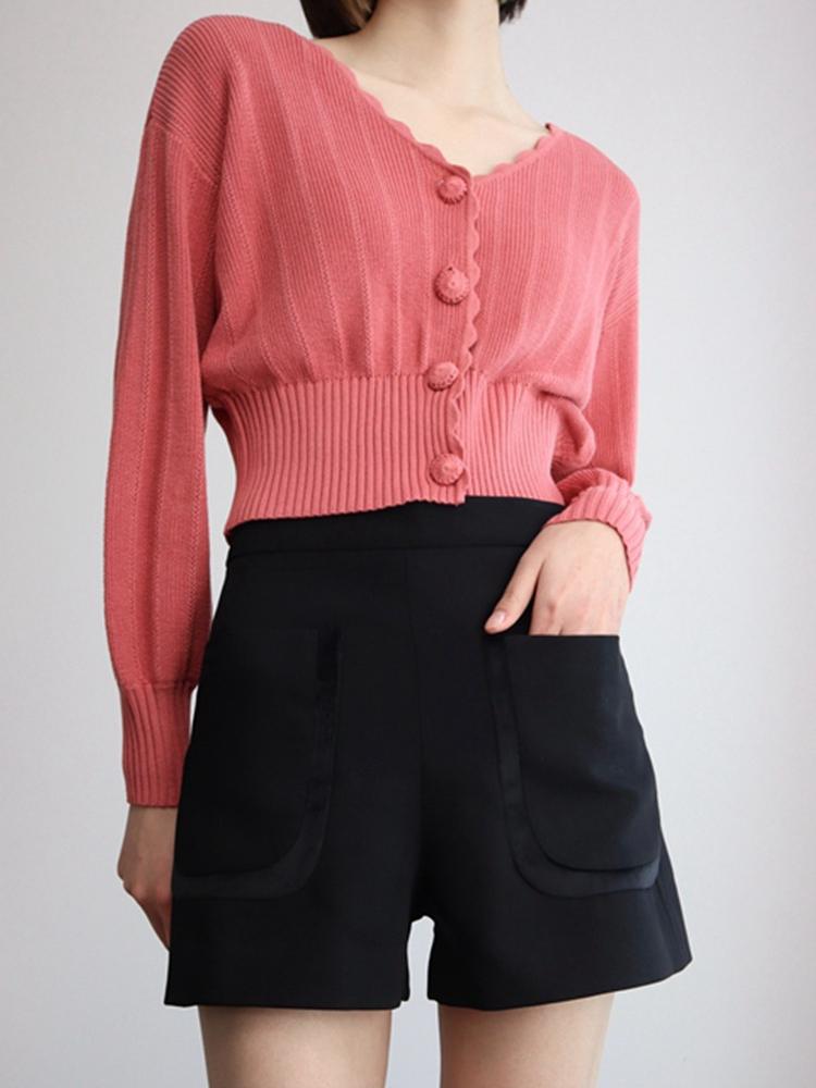 Womens Sweaters Autumn French Lantern Cuffs Wave Front Cotton Crocheted Pink Short Cardigan Women SweaterWomens