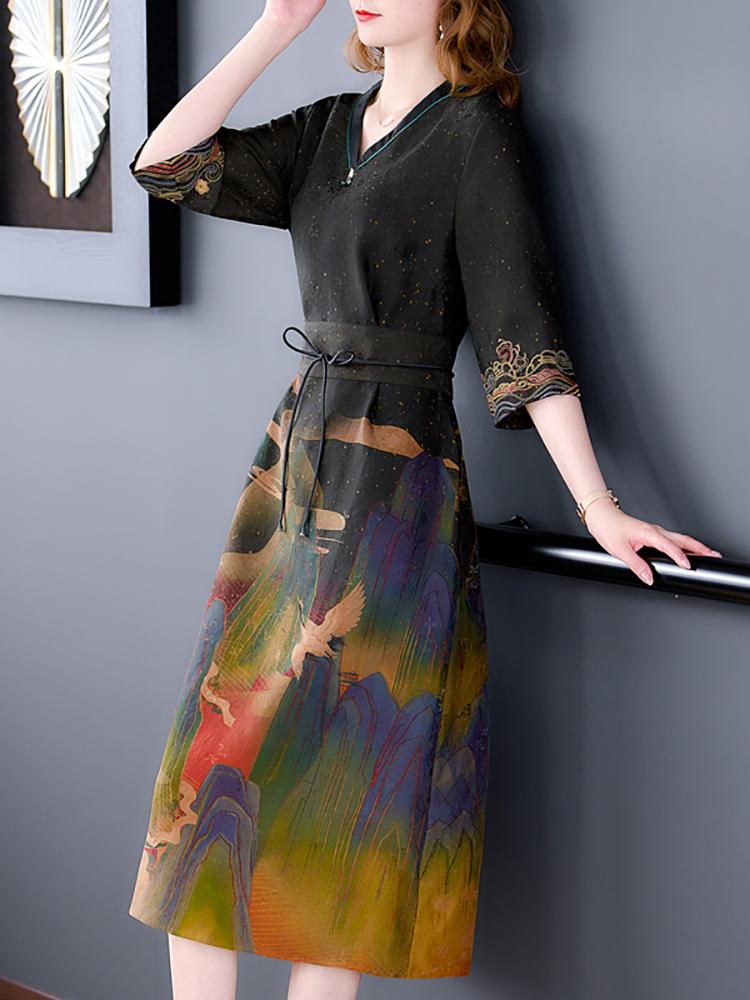 Dresses Black Print Silk Short Sleeve VNeck Formal Dress Women Spring Summer Elegant Bodycon Dress 2023 Korean Vintage Party Prom Dress