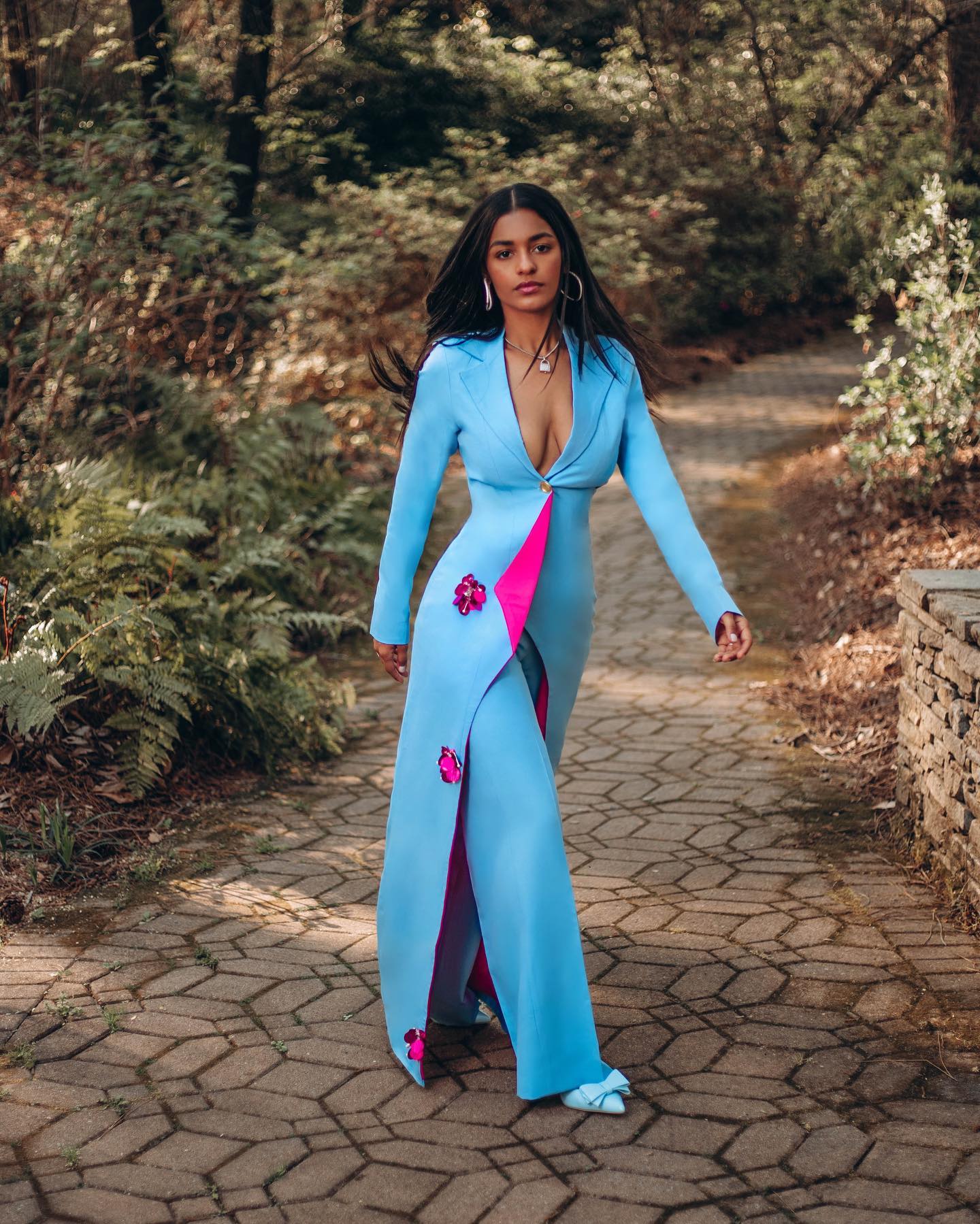 Sky Blue Women Pants Suits Slim Fit 3D Flowers Office Female Streetwear Sportswear Two Pieces Long Jacket Sets