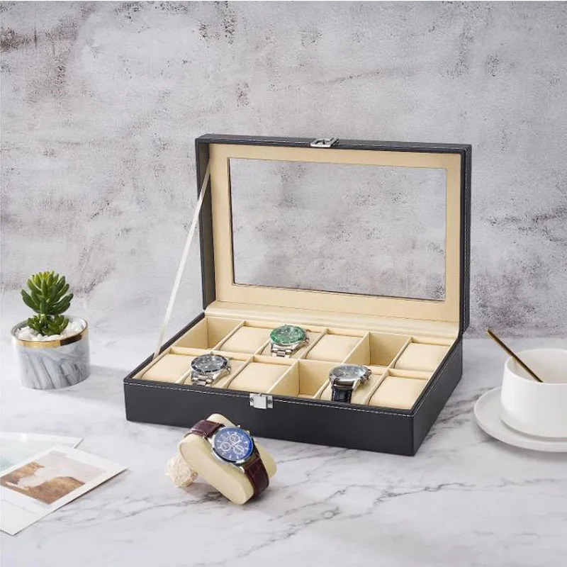Watch Boxes Cases 12 Slot PU Leather Watch Box Display Case Jewelry Organizer with Glass Top 231128