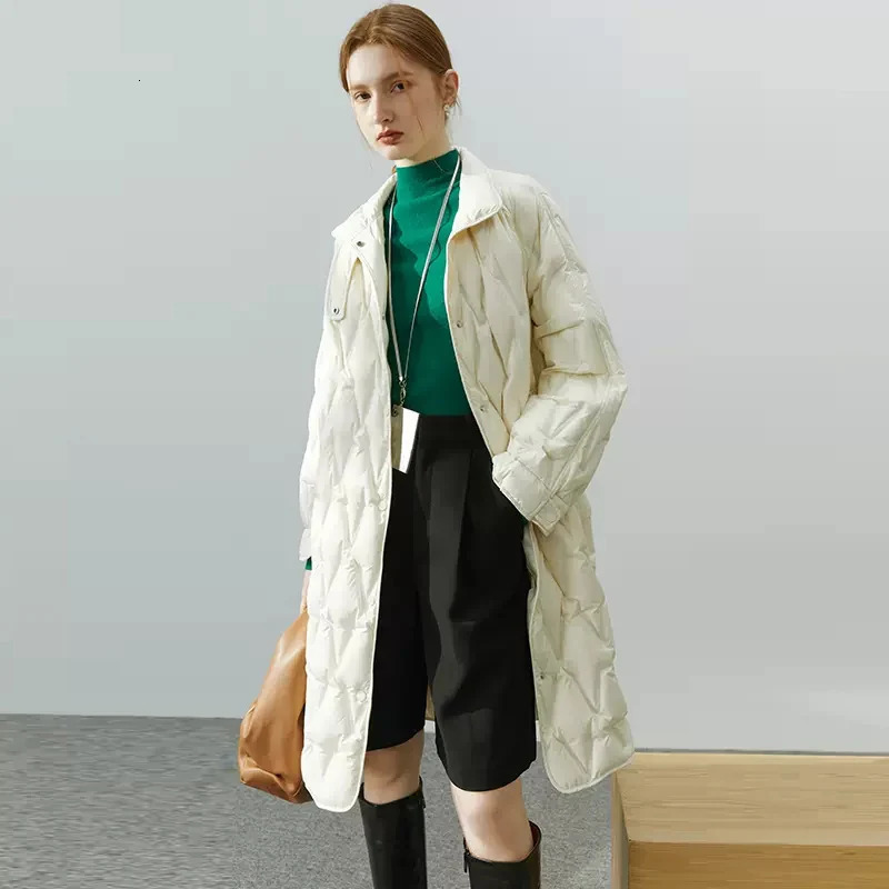 Womens Down Parkas Long white duck down jacket for women in winter fashion trend with pressure glue and waistband showing a slimmin 231129