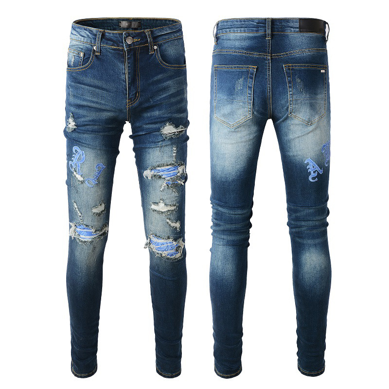 Fashion dark blue hole patch amiryes letter embroidery zipper fly slim jean men