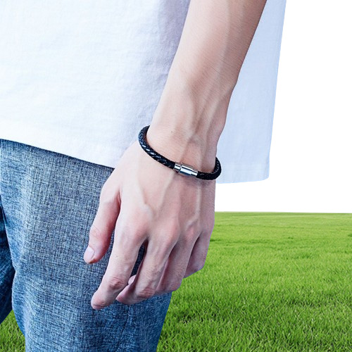 Designer Mens Charm Black Leather Bracelets Fashion Braided Magnetic Hip Hop Jewelry Punk Men Handmade Bracelet For