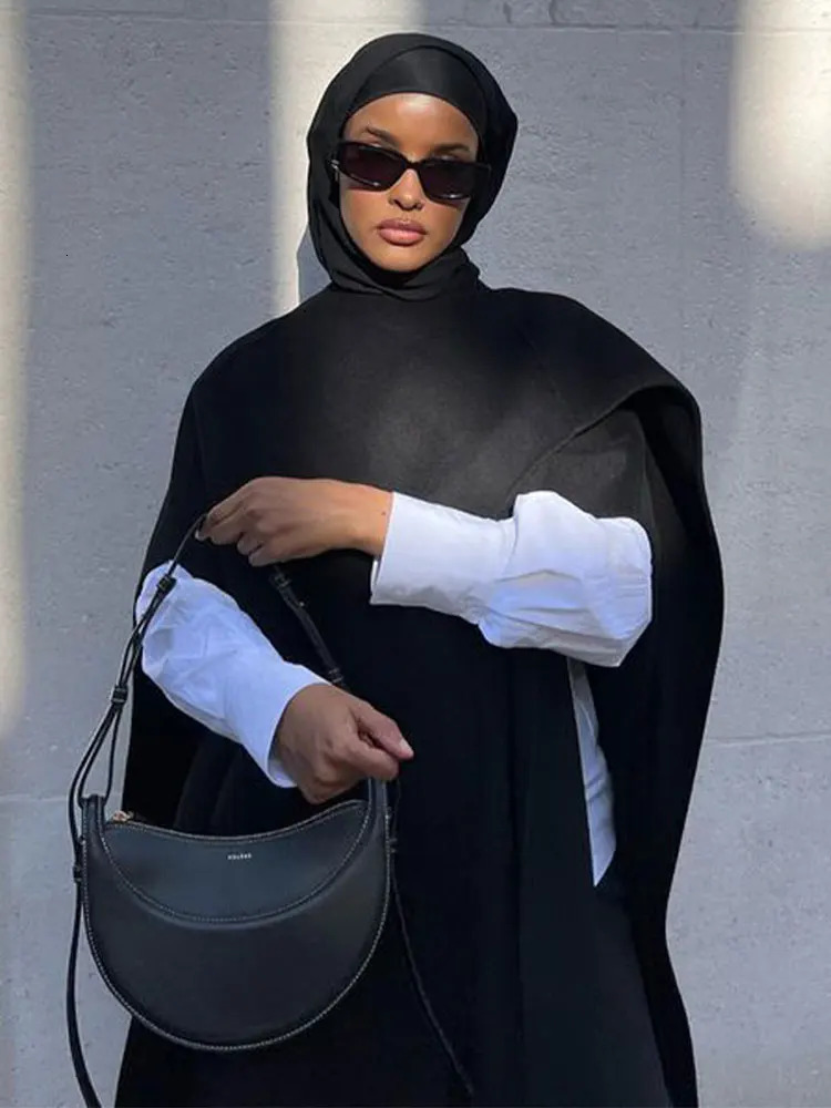 Women s Jackets Elegant Wool Blends Cape Jacket For Women Chic Oneck Loose Trench Coat With Scarf 2023 Autumn Winter Female Streetwear 231129