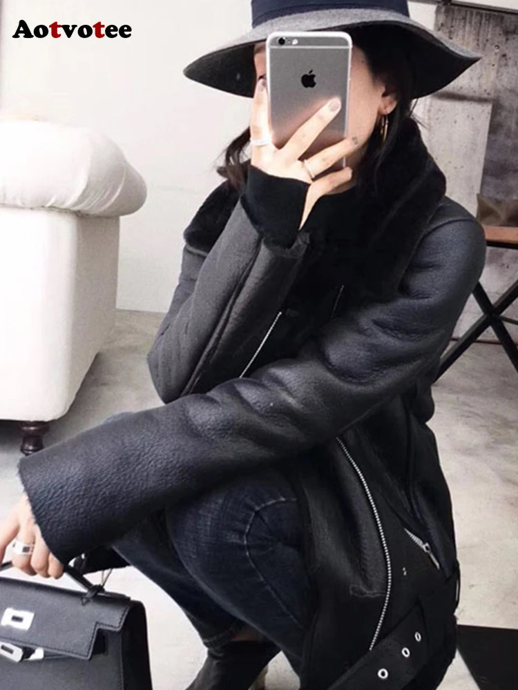 Womens Leather Faux Aotvotee Jackets Women Autumn Winter Fashion Turn Down Collar Zipper Jacket Thicken Warm Long Sleeve Chic 231129