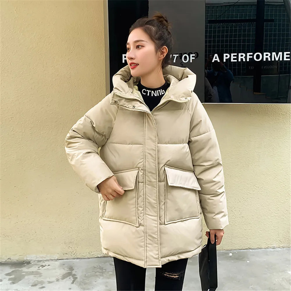 Women's Down Parkas Autumn Winter Thicken Warm Medium Long Parka Women Casual Solid Color Big Pocket Loose Hooded Coat Jackets Outwear Basic Tops