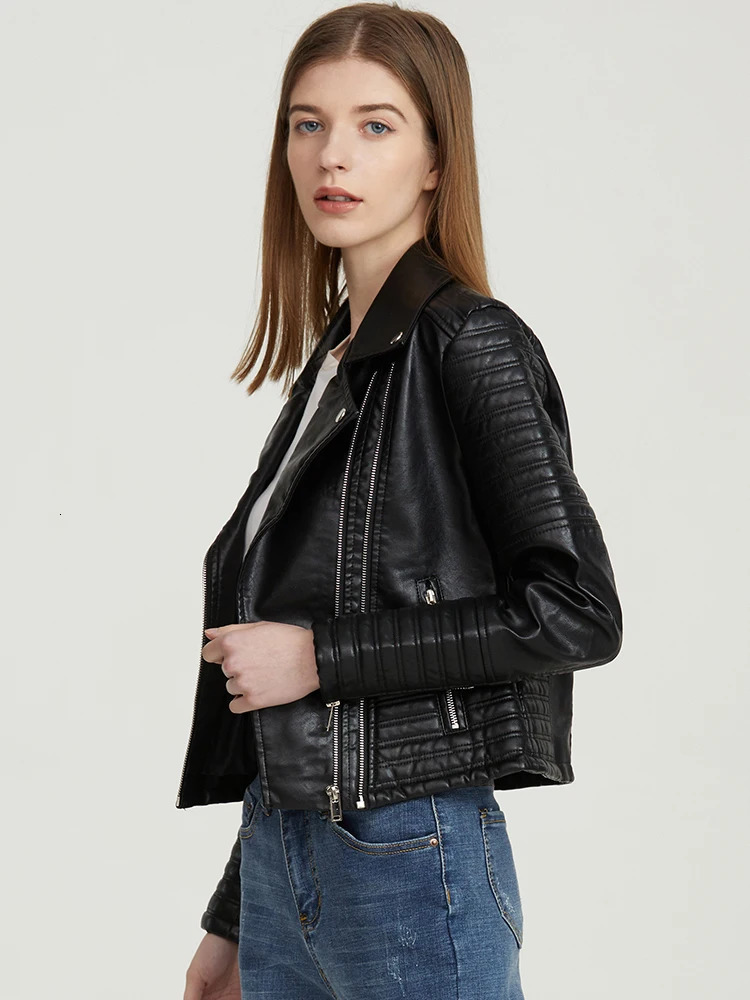 Womens Leather Faux Jacket Women Turndown Collar Pu Motorcycle Black Punk Coat Female Rivet Zipper Outerwear 231129