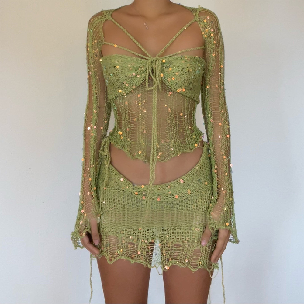 Casual Dresses Sequins Knitted Hollow Out 3 Piece Sets Women Long Flare Sleeve Crop Top And Mini Skirt Suits Sexy Bodycon Summer Outfits