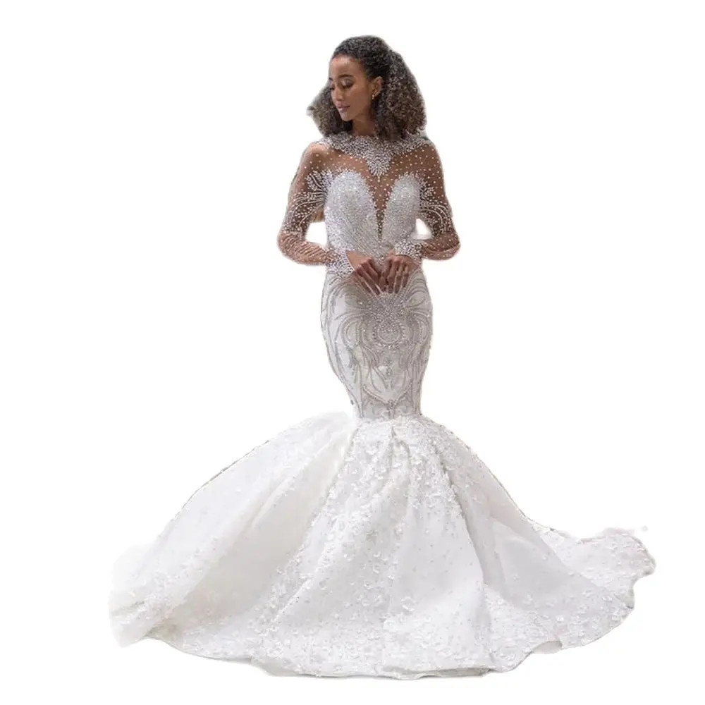 Exquisite Crystal Beading Mermaid Wedding Dress Elegant O Neck Full Sleeve Arabic Trumpet Bridal Gowns Robe De Soiree