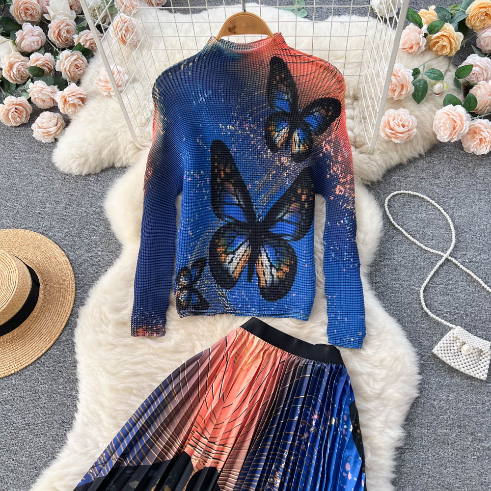 Two Piece Dress Autumn Butterfly Print Stretch Two Pieces Set Women Turtleneck Long Sleeve Pullover Top + Elastic Waist Pleated Midi Skirt Suit 2024