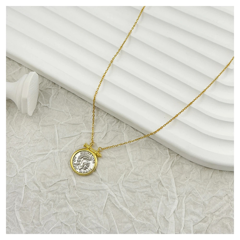 Chokers 925 Sterling Silver Antique Round Coin Necklace 18K Gold Plated Chain Roman Empire Knight Pendant Vintage Fine Jewelry For Women 231129