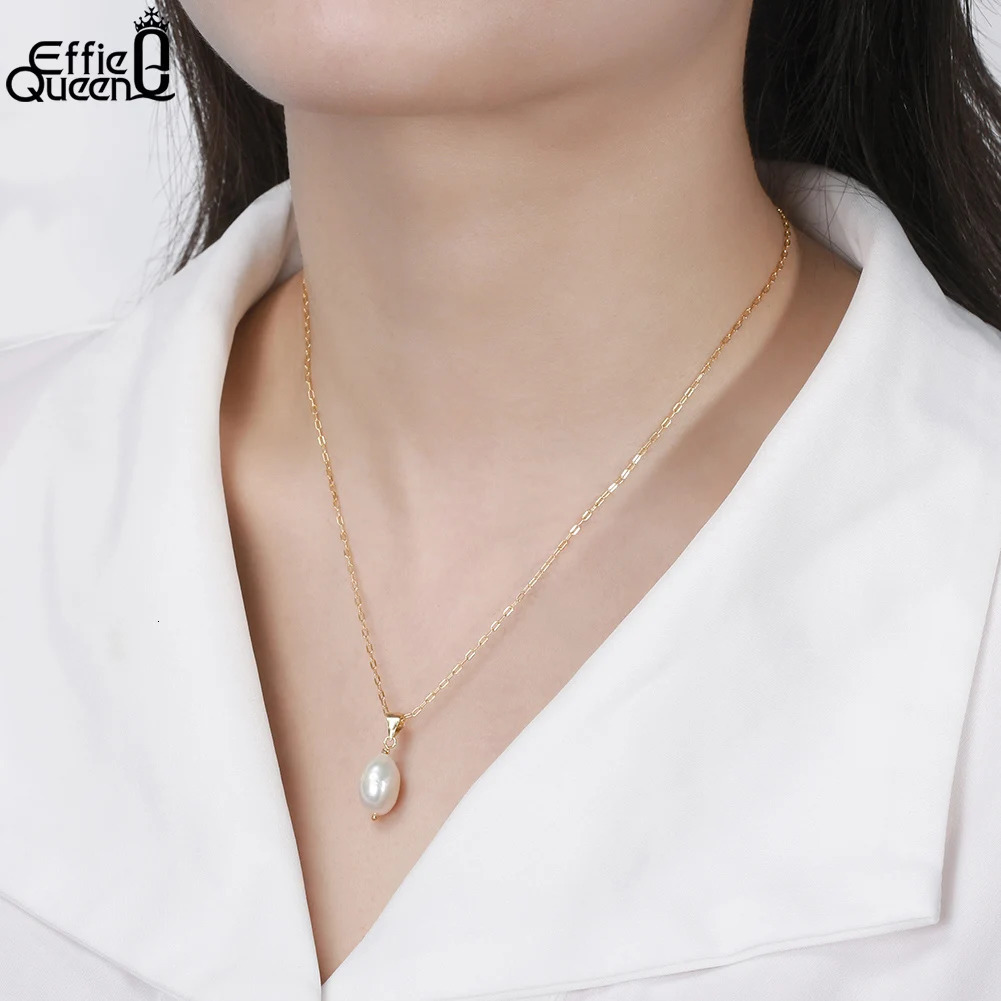 Chokers EFFIE QUEEN Real 925 Sterling Silver Cultured Freshwater Pearl Necklace for Women Handmade 14K Gold Pendant Jewelry GPN24 231129