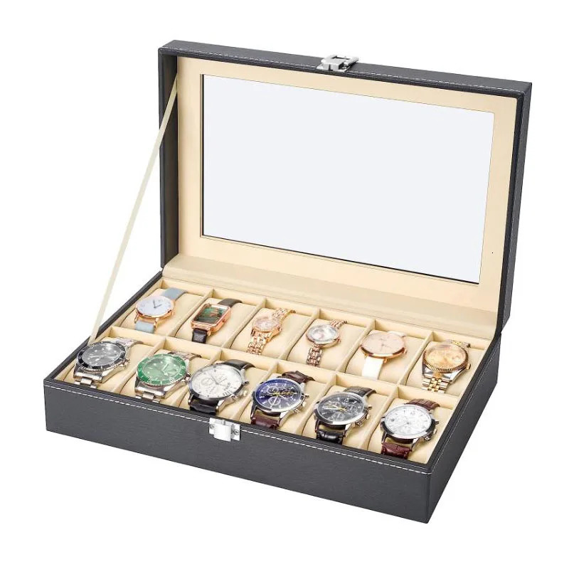 Watch Boxes Cases 12 Slot PU Leather Watch Box Display Case Jewelry Organizer with Glass Top 231128