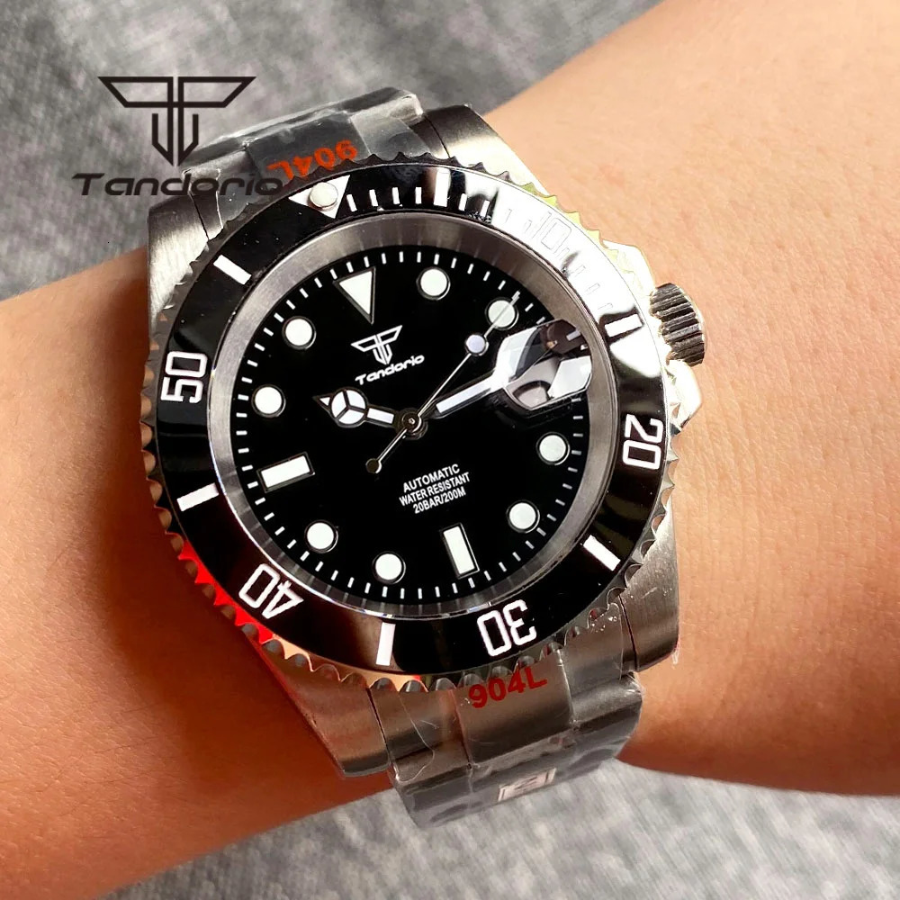 Wristwatches Tandorio NH35A 40mm Stainless Steel 20Bar Automatic Men's Dive Watch Sapphire Glass Black Dial Date Screw Crown 120-Click Bezel 2311