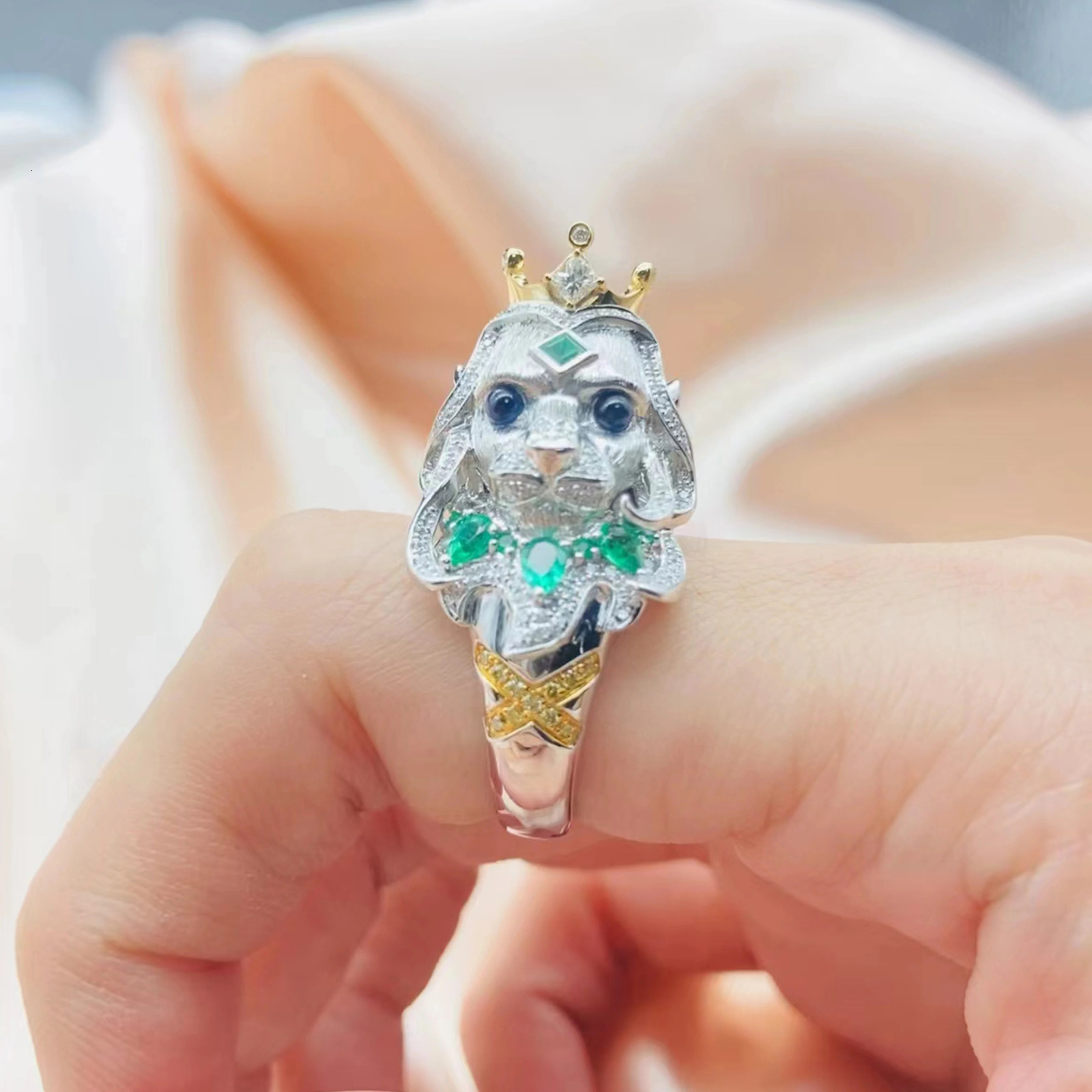 Wedding Rings Rui Ying Jewelry 9k Gold Natural Diamond Green Gemstone Pure Handmade Brushed Ring 231129