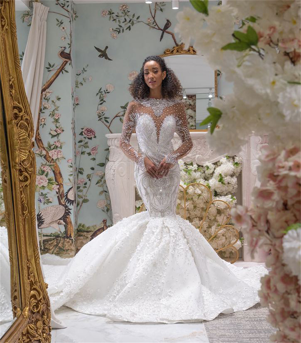 Exquisite Crystal Beading Mermaid Wedding Dress Elegant O Neck Full Sleeve Arabic Trumpet Bridal Gowns Robe De Soiree