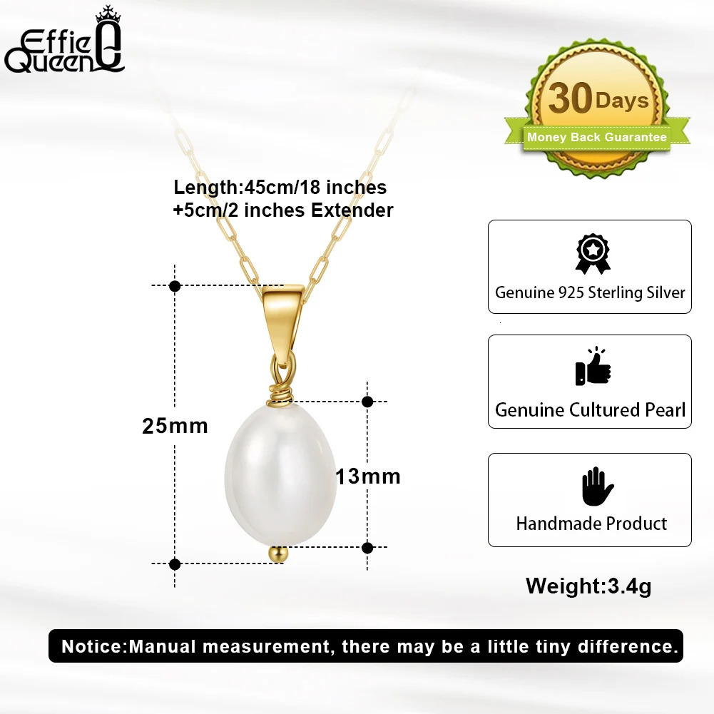 Chokers EFFIE QUEEN Real 925 Sterling Silver Cultured Freshwater Pearl Necklace for Women Handmade 14K Gold Pendant Jewelry GPN24 231129