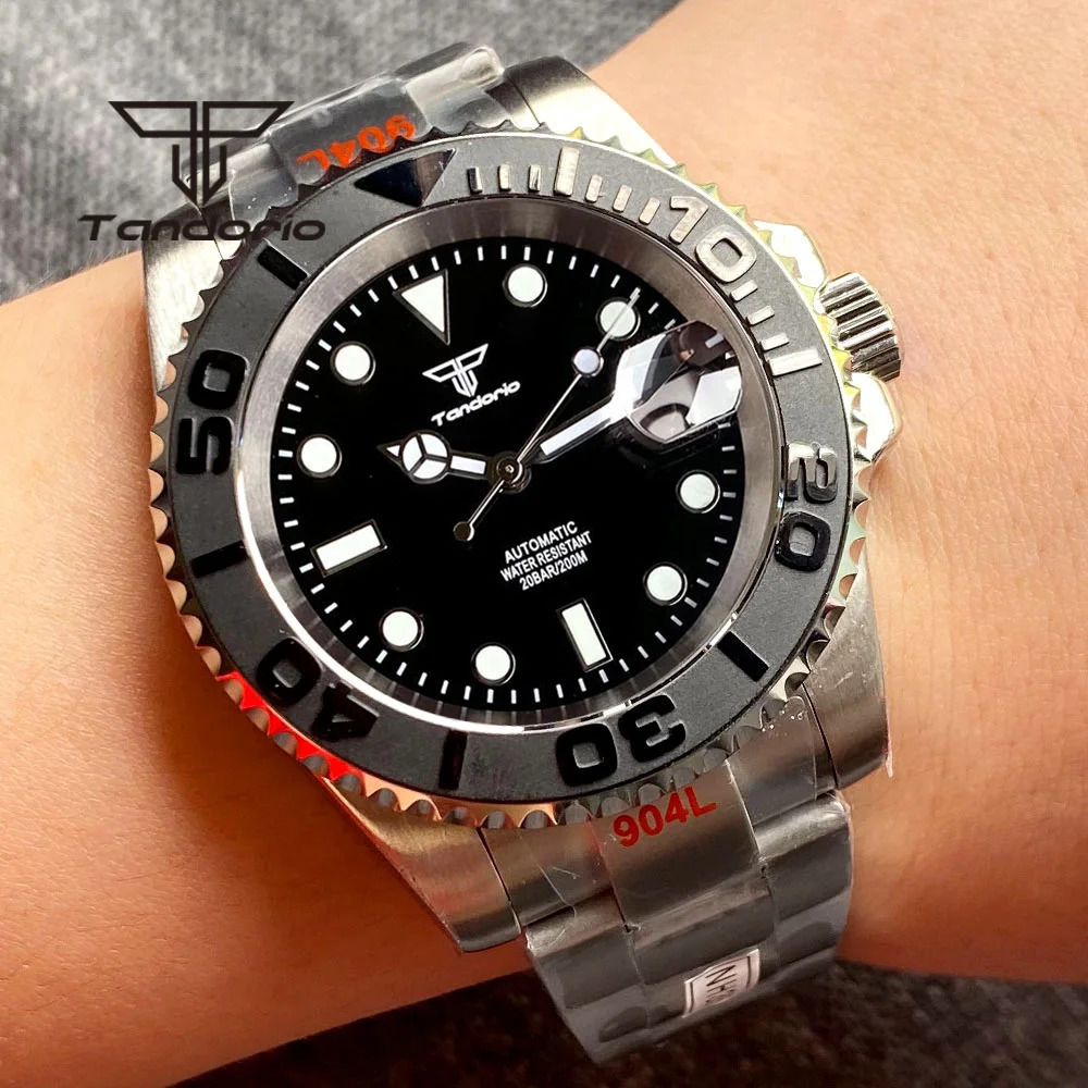 Wristwatches Tandorio NH35A 40mm Stainless Steel 20Bar Automatic Men's Dive Watch Sapphire Glass Black Dial Date Screw Crown 120-Click Bezel 2311