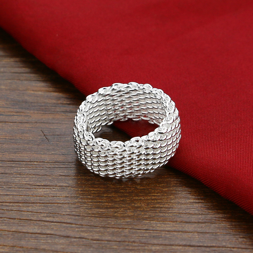 Solitaire Ring Fashion 9MM Wide Silver Ring Personalized Women 100% 925 Sterling Silver Braided Mesh Ring Fine Jewelry Gift Wholesale 230428