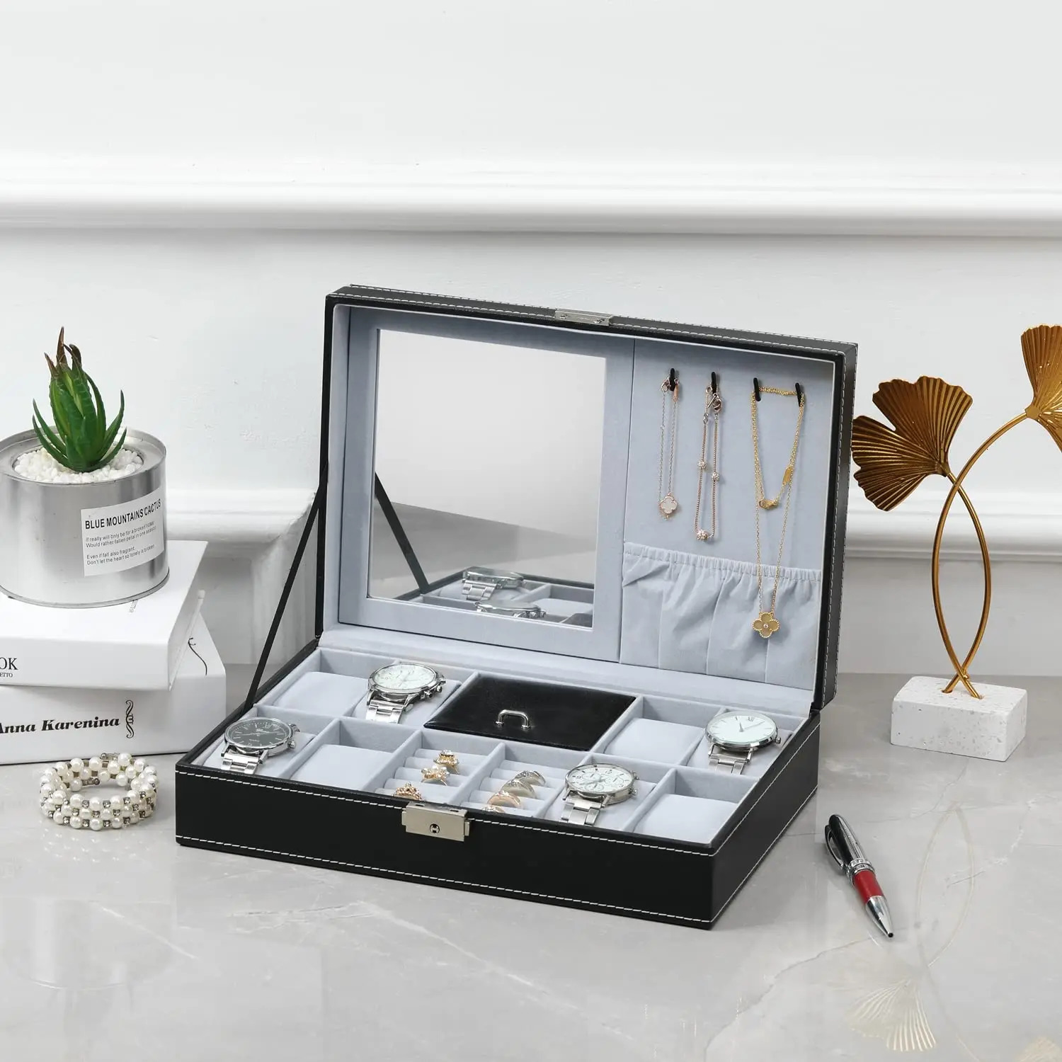 Watch Boxes Cases Lnofxas Watch Box 8 Jewelry Box Watch Display Case Organizer Jewelry Trey Storage Box Black PU Leather with Mirror and Lock 231128