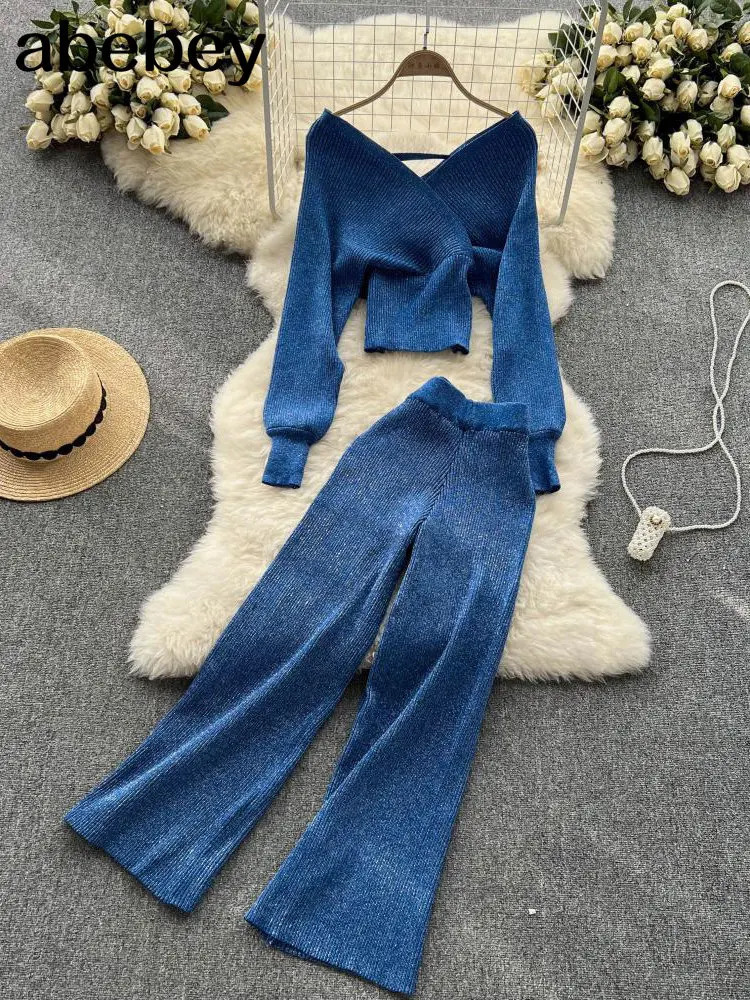 Womens Two Piece Pants Elgant Fashion Sparkling Knitted Set Autumn and Winter Vneck Bat Sleeve Sweater TopElastic Wide Leg 231129