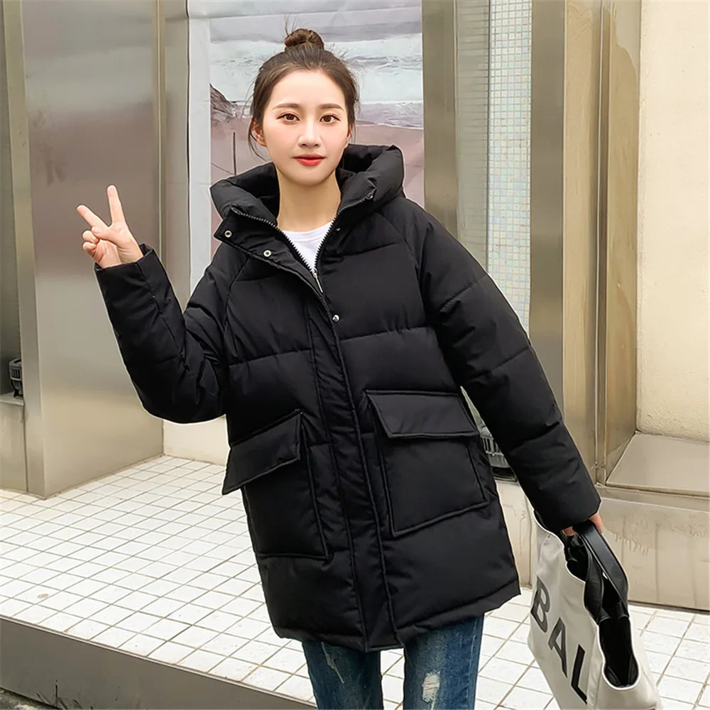 Women's Down Parkas Autumn Winter Thicken Warm Medium Long Parka Women Casual Solid Color Big Pocket Loose Hooded Coat Jackets Outwear Basic Tops