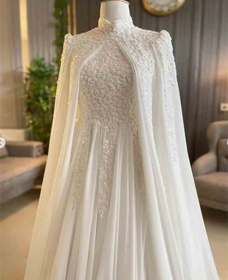 Elegant Arabic Muslim A Line Wedding Dresses With Cape Wrap 2024 Lace Appliques Long Sleeves High Neck Chiffon Women Wedding Gown Modest Dubai White V