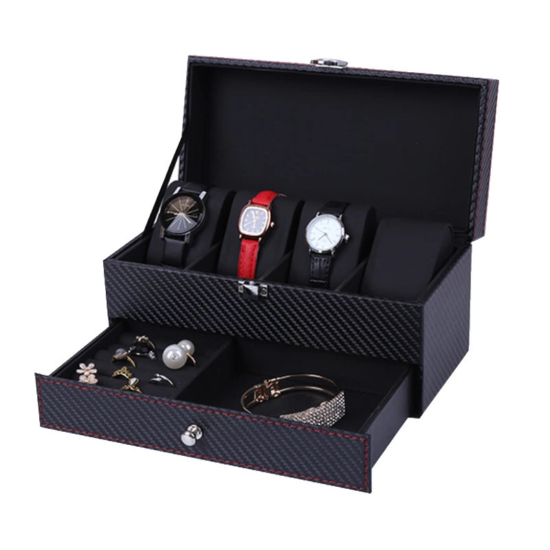 Watch Boxes Cases 4Grids Double Carbon Fiber Watch Case/ 6Girds Watch Box Holder Organizer Storage Box for Quartz Jewelry Boxes Display Gift 231128