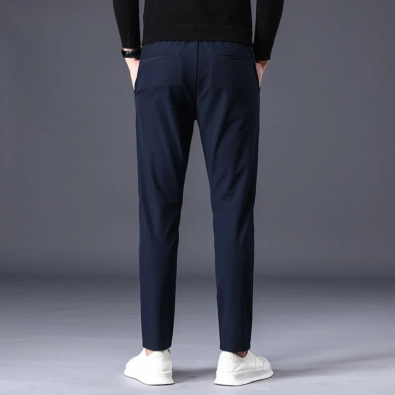 Men's Pants Autumn Winter Pants Men Thicken Fleece Lined Warm Elastic Waist Outdoor Sweatpants Fashion Slim Grey Suit Trousers Male 231129