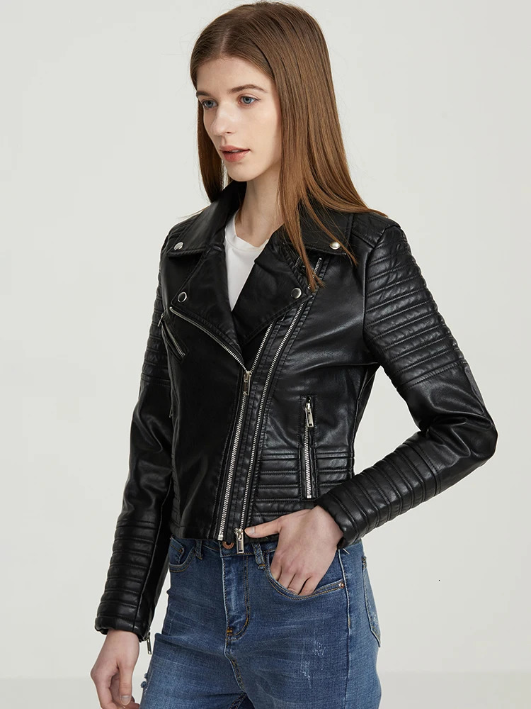Womens Leather Faux Jacket Women Turndown Collar Pu Motorcycle Black Punk Coat Female Rivet Zipper Outerwear 231129