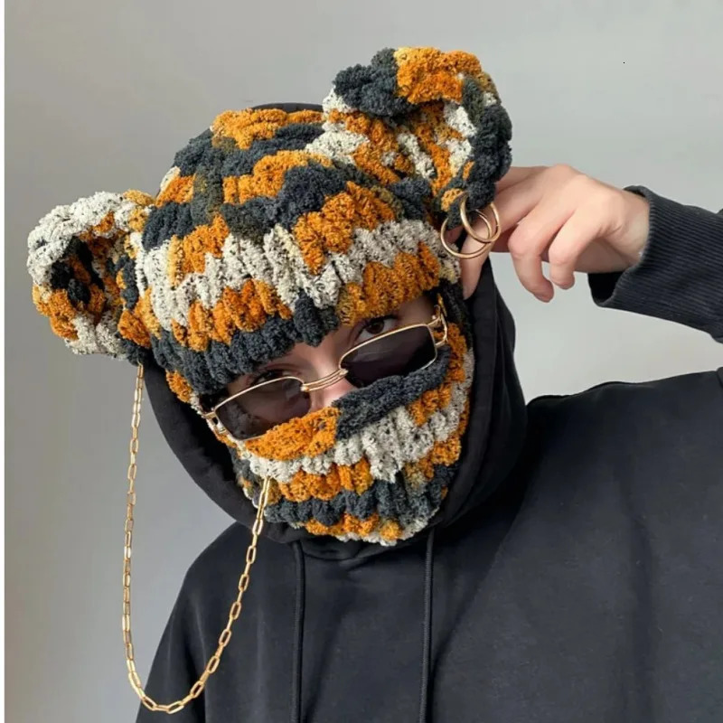 Beanie Skull Caps Winter Lovely Bear Ears Warm Balaclava Cap Hats With Necklace Chain Womans Unisex Knitted Party Funny Mask Handmade Bonnet Hijab 231