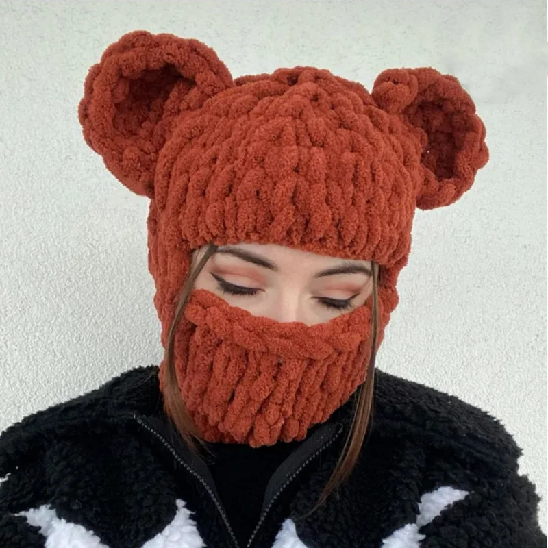 Beanie Skull Caps Winter Lovely Bear Ears Warm Balaclava Cap Hats With Necklace Chain Womans Unisex Knitted Party Funny Mask Handmade Bonnet Hijab 231