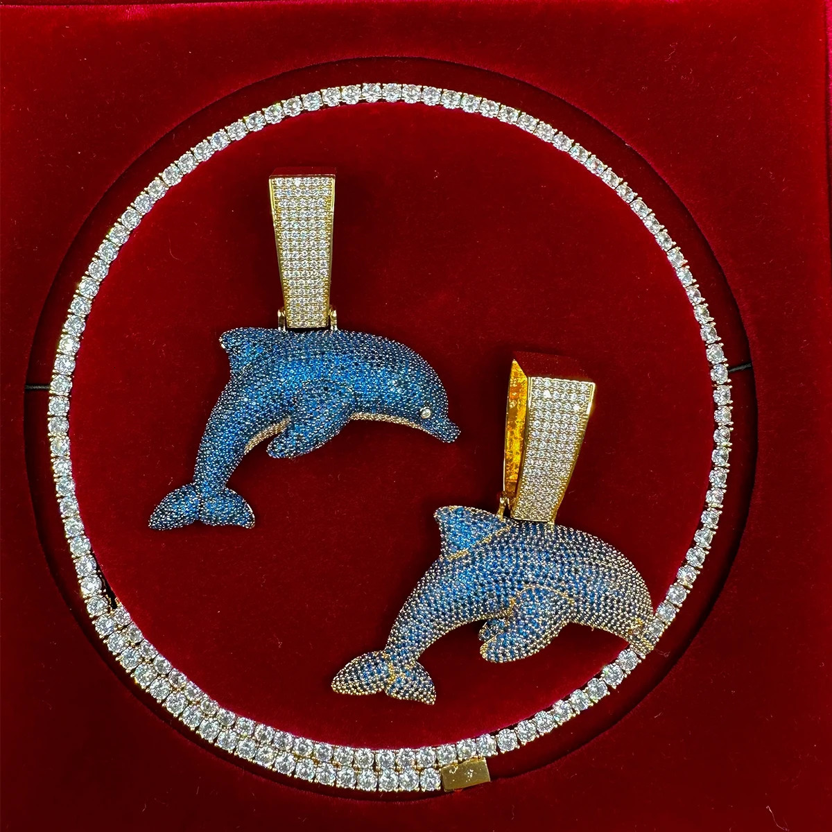 Pendant Necklaces Aokaishen Iced Out Blue Dolphin Necklace Real Gold Plated Hip Hop Jewelry Unique Charms Trend 231129