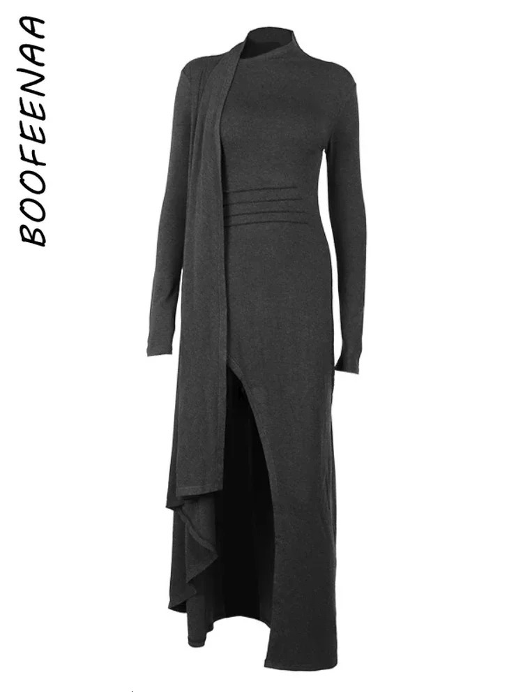 Basic Casual Dresses BOOFEENAA Asymmetrical Knit Long for Women Winter Fashion Kendall Outfits Gray Black Sexy Sleeve Slit DressC66 EH60 231129