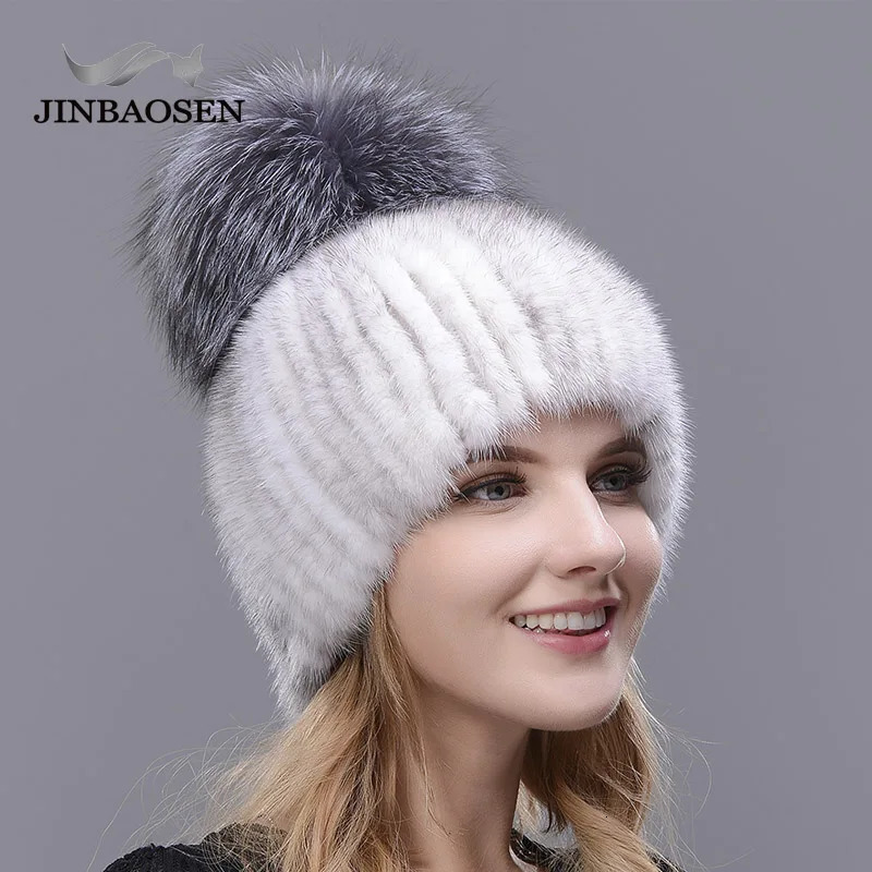 Beanie/Skull Caps JINBAOSEN Real Mink Fur Hat for Winter Women Imported Knitted Mink Cap with Fox Fur High Quality Women Beanies 231128