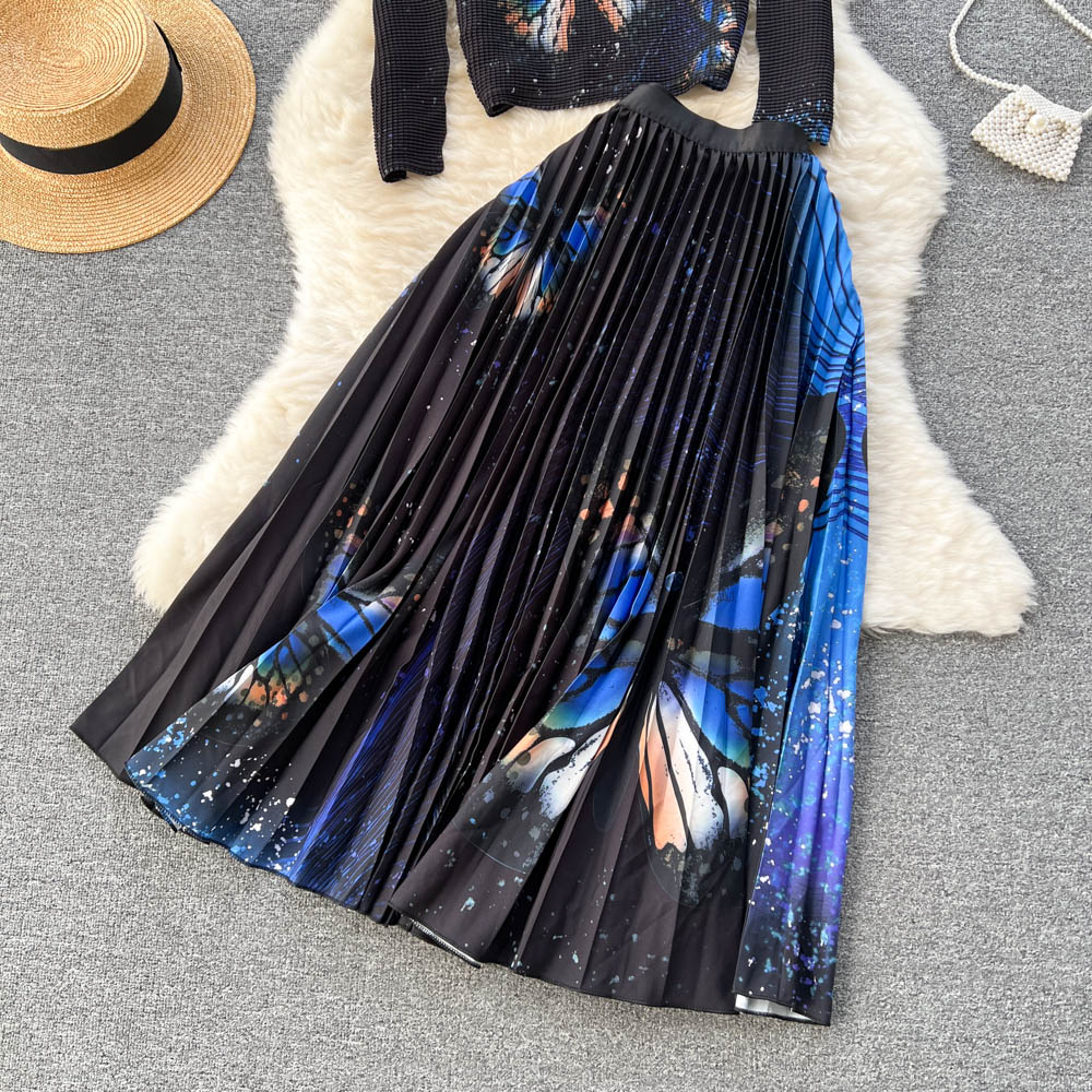 Two Piece Dress Autumn Butterfly Print Stretch Two Pieces Set Women Turtleneck Long Sleeve Pullover Top + Elastic Waist Pleated Midi Skirt Suit 2024