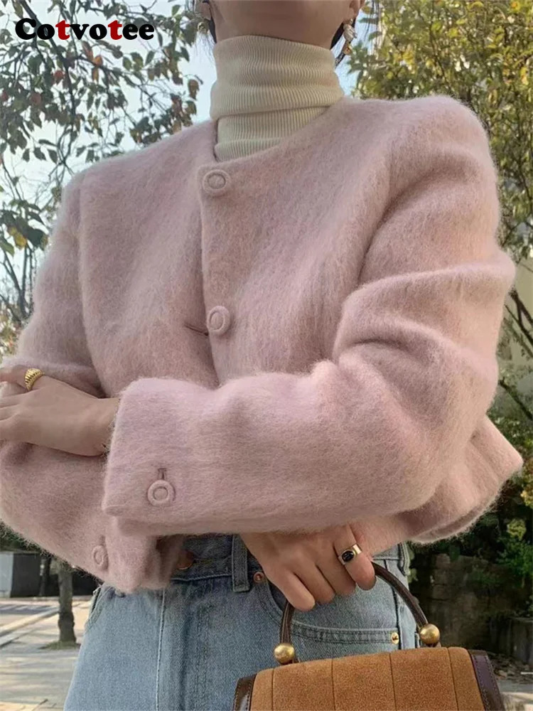 Women's Wool Blends Cotvotee Short Wool Coat for Women Autumn Winter 2023 Fashion Button Up O Neck Jackets Chic Long Sleeve Solid Casual Coats 23