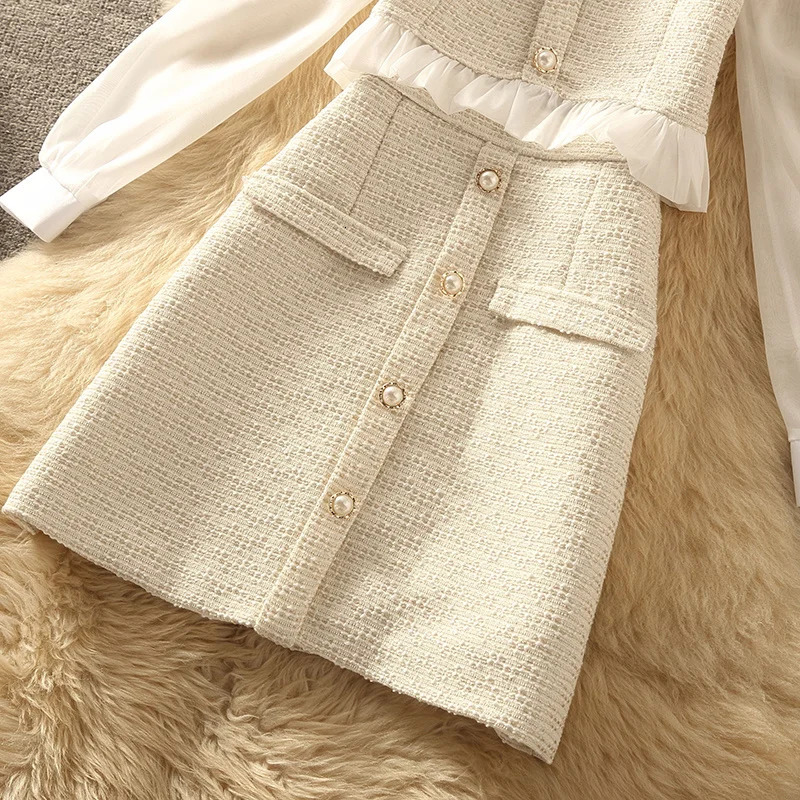 Two Piece Dress High Quality Autumn Elegant Fashion Small Fragrance 2 Piece Set Women Shirt Top Tweed Skirt Suits Korean Sweet Two Peice Sets 231129