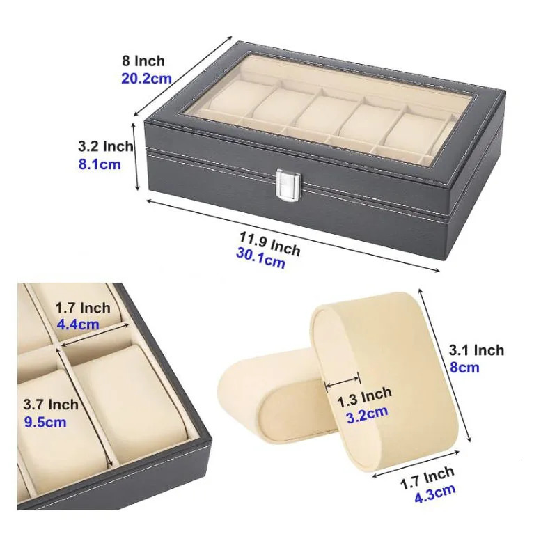 Watch Boxes Cases 12 Slot PU Leather Watch Box Display Case Jewelry Organizer with Glass Top 231128